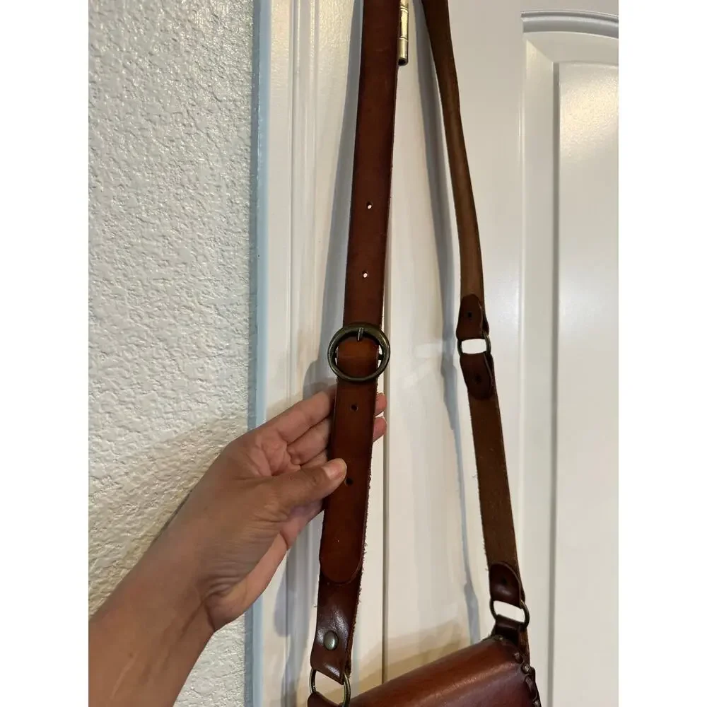 VINTAGE Leather Crossbody Bag Small Brown Handmade Studs Jewels Stitched